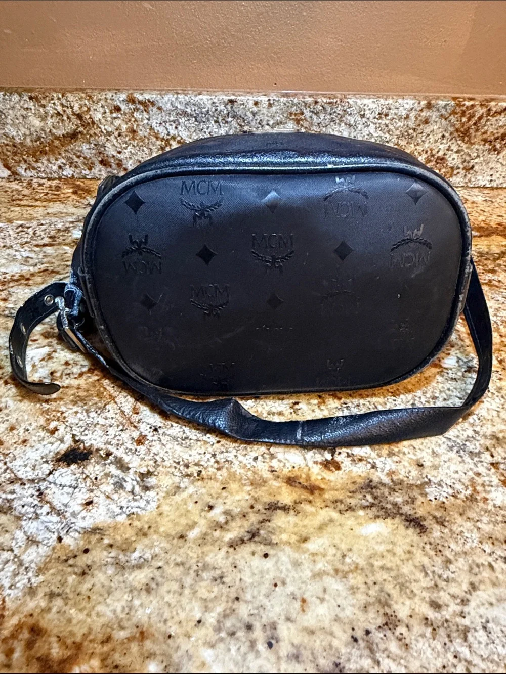 MCM Black Monogram Drawstring Bucket Hobo with Gold Plate
